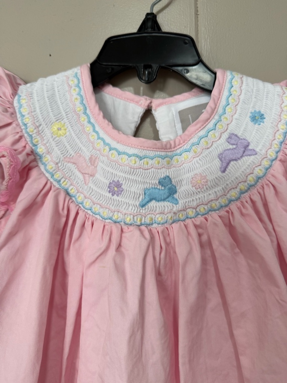 Pink Smocked Flutter Sleeve Dress with Pastel Bunny Embroidery - Picture 3 of 6